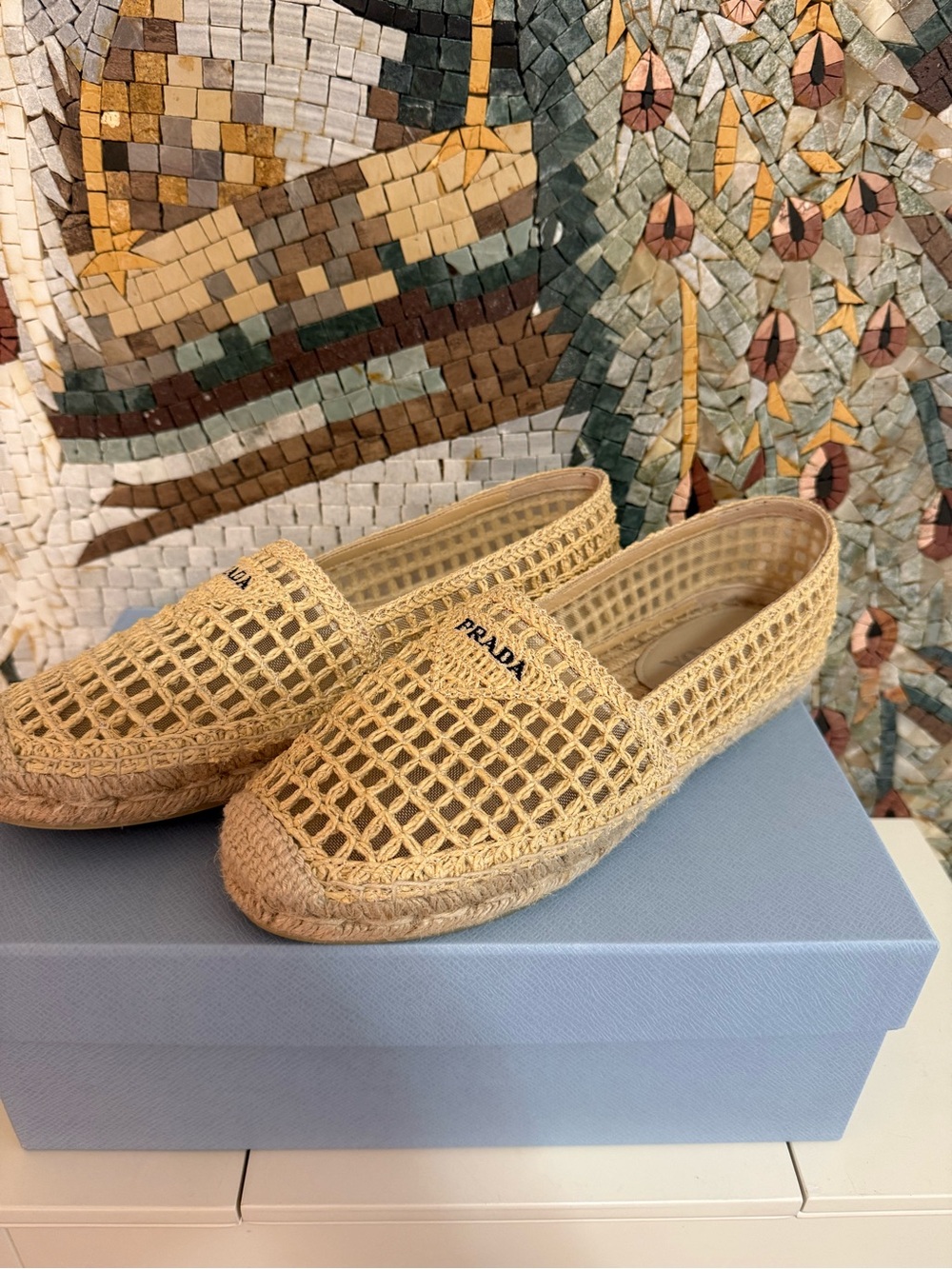 Prada Natural Beige Woven Espadrille Slip-Ons